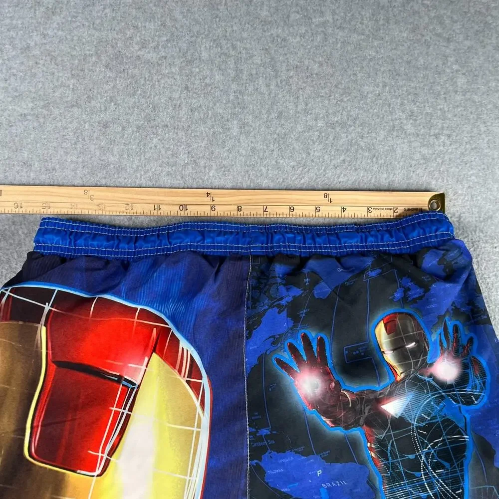 Iron Man Swim Trunks Boys 14/16 Blue Graphic Print Pool Beach Elastic Waist